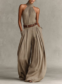 Women's Halter Neck Gathered Wide Leg Jumpsuit