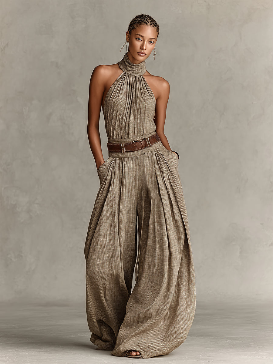 Women's Halter Neck Gathered Wide Leg Jumpsuit