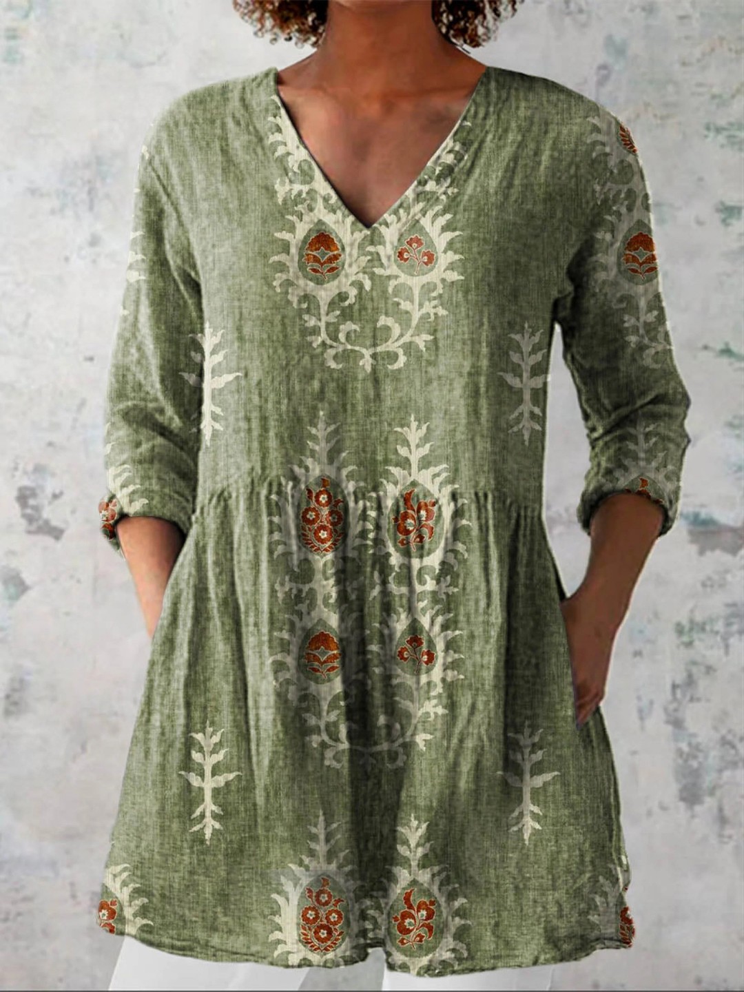 Women's Flowing Printed V-Neck Longline Blouse