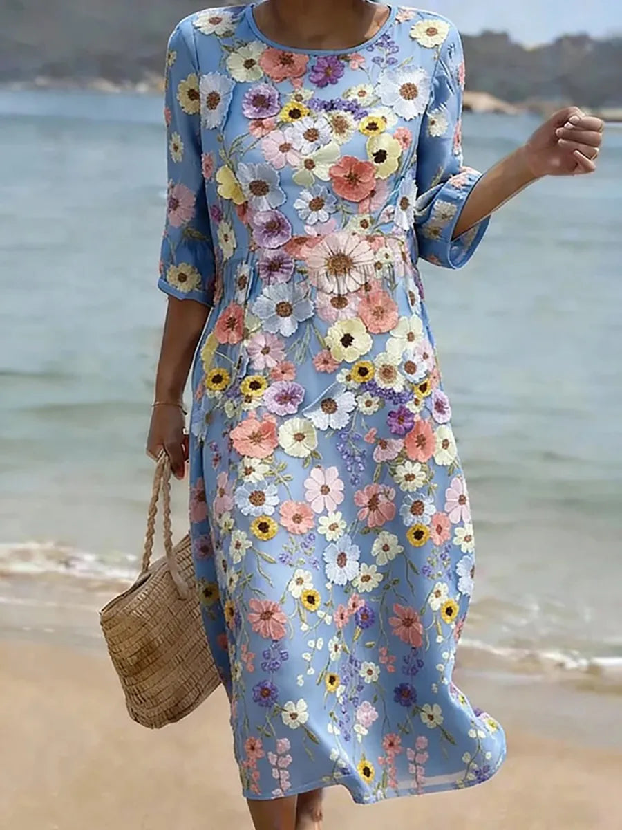 Women's Delicate Floral Button Flared Sleeve Dress
