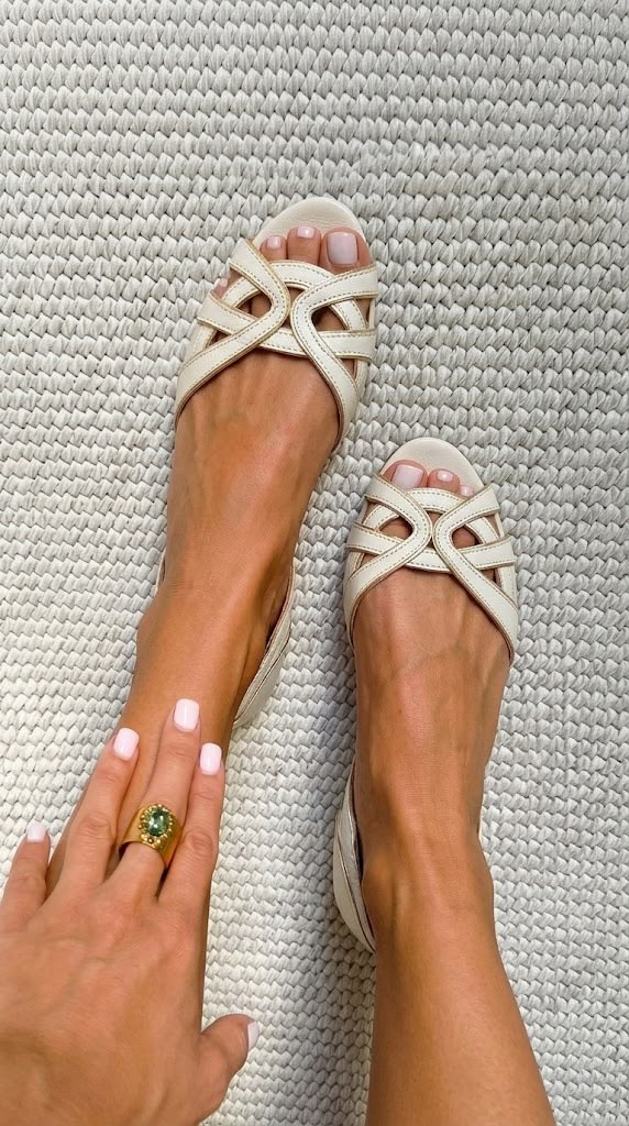 Women's Woven Strap Cream Slip On Sandals