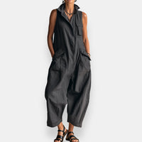Women's Sleeveless Collared Cargo Flap Pocket Jumpsuit