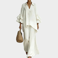 Women's Ruffle Sleeve Tunic Wide Leg Trouser Set