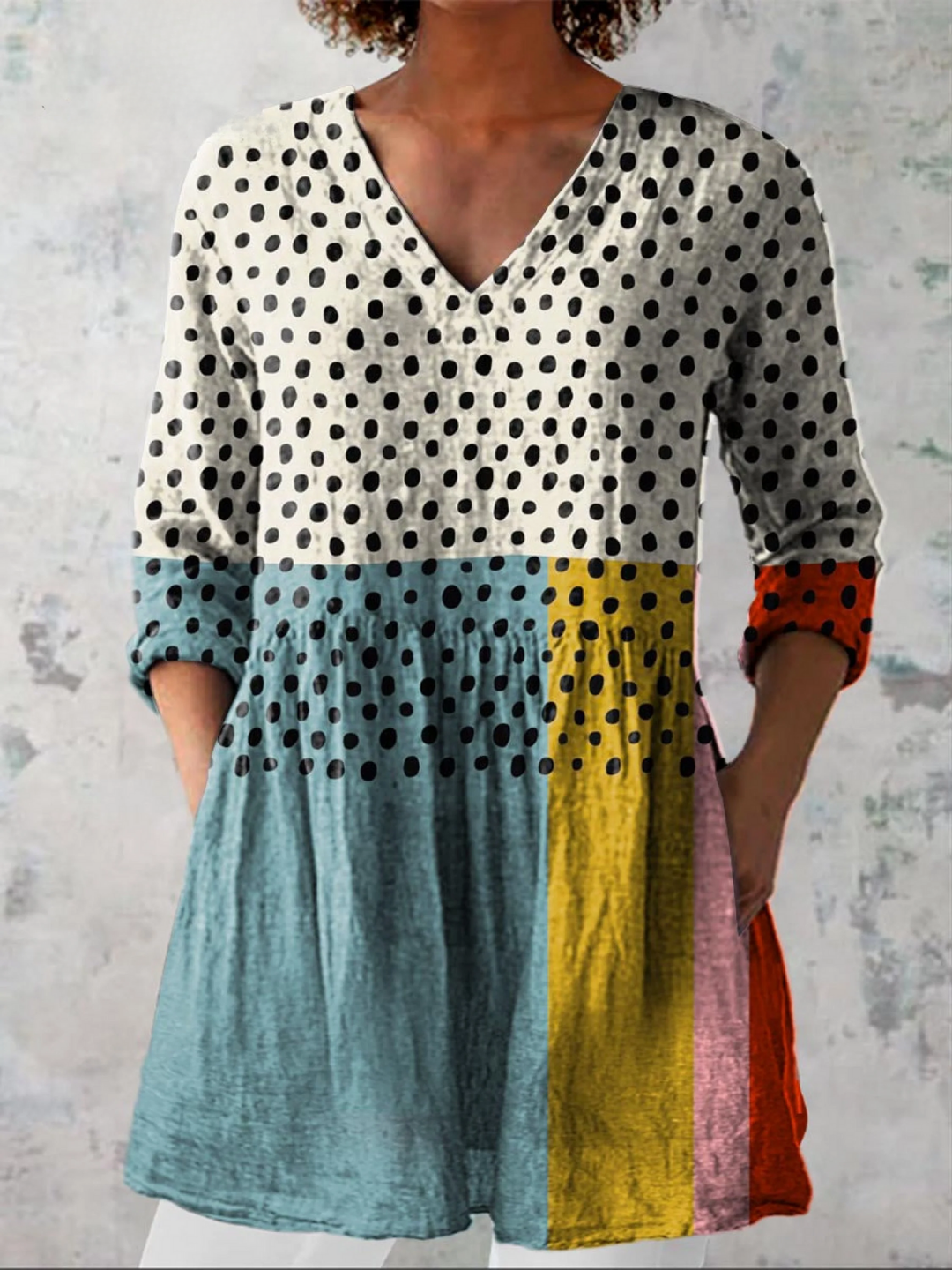 Women's Patterned V Neck Tunic Blouse