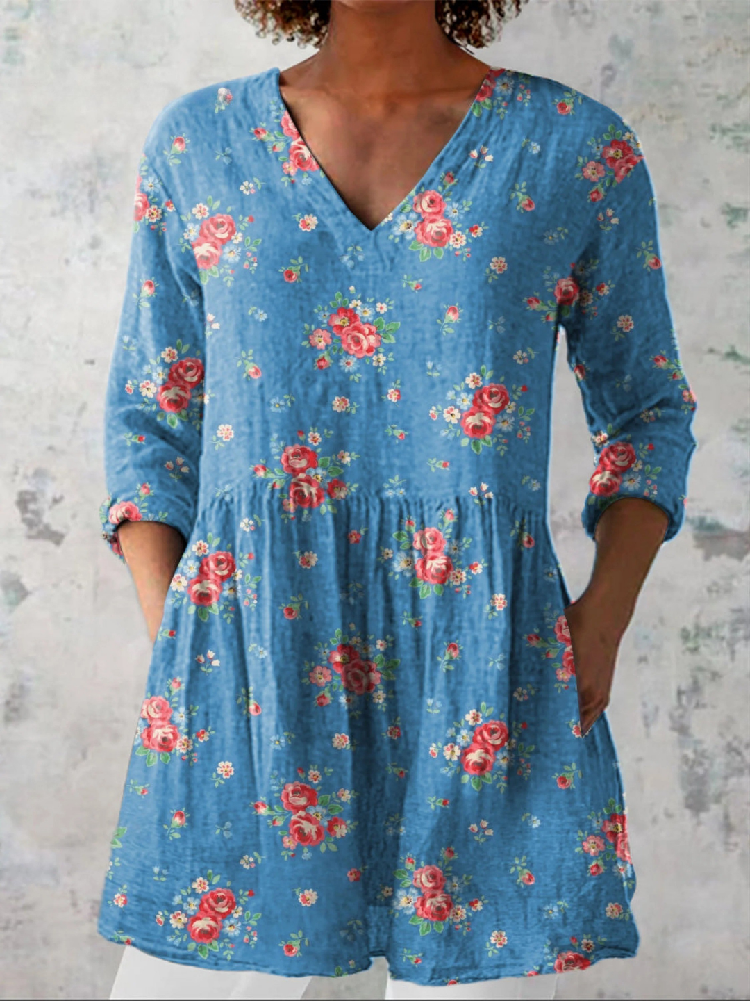 Women's Loose Fit Ornamental V Neck Blouse