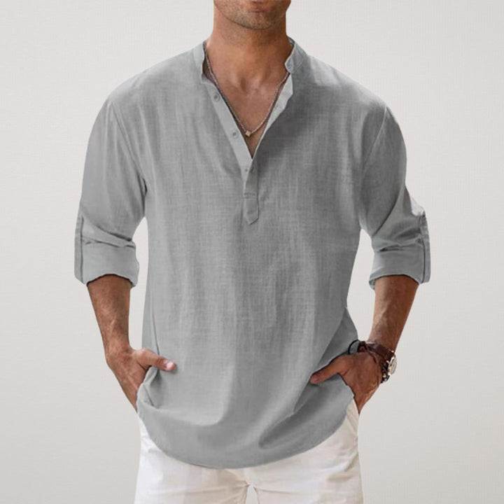 Cotton Henley Shirt with Linen Look