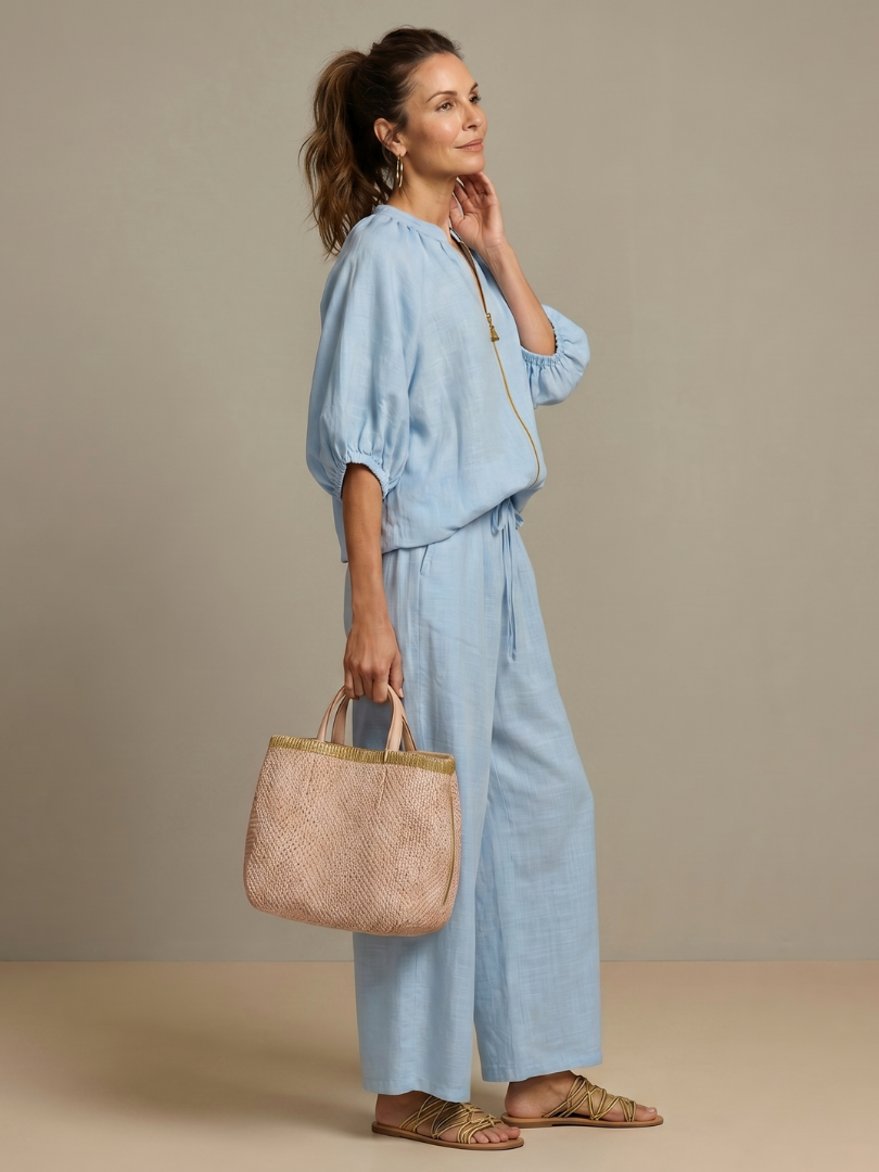 Women's Zip Front Blouson Wide Leg Trouser Set