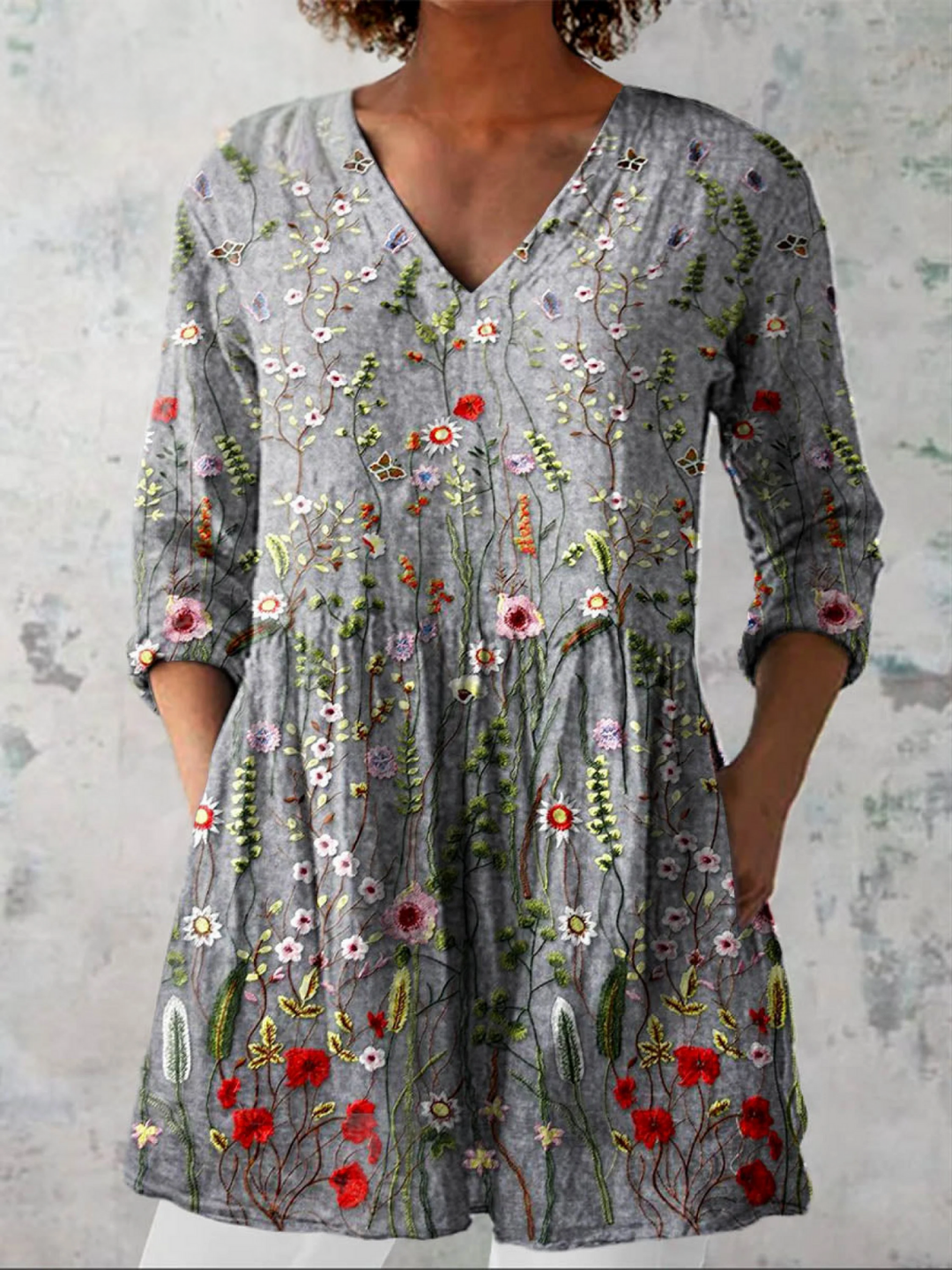 Women's Printed V Neck Longline Tunic Blouse