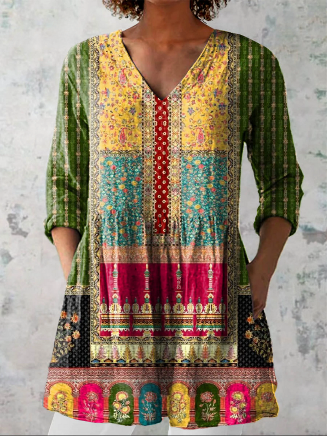 Women's Graceful Motif V Neck Longline Blouse
