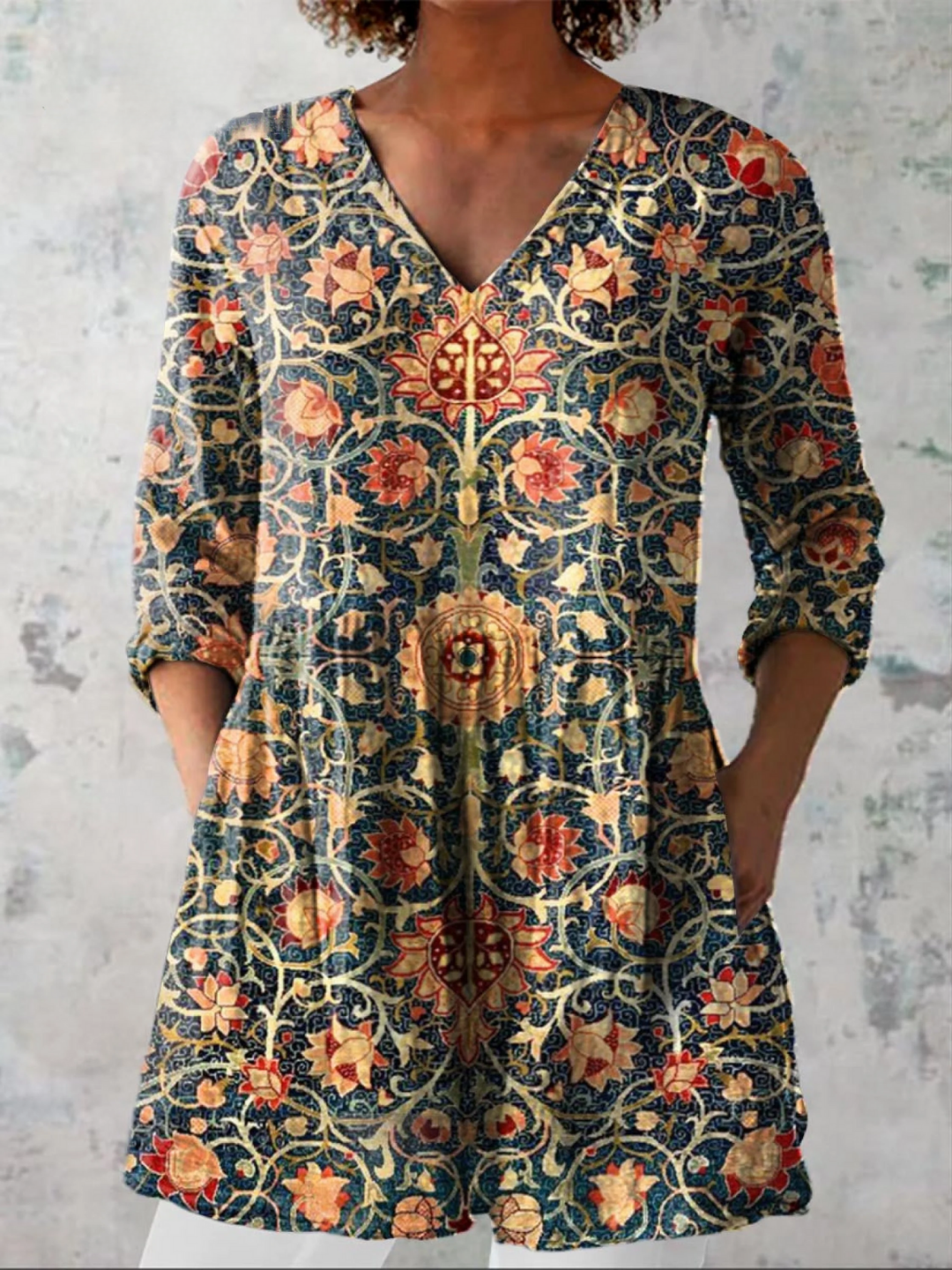 Women's Abstract Pattern V Neck Tunic Blouse