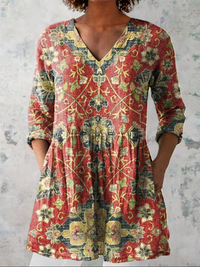 Women's Graceful Patterned Long V-Neck Blouse