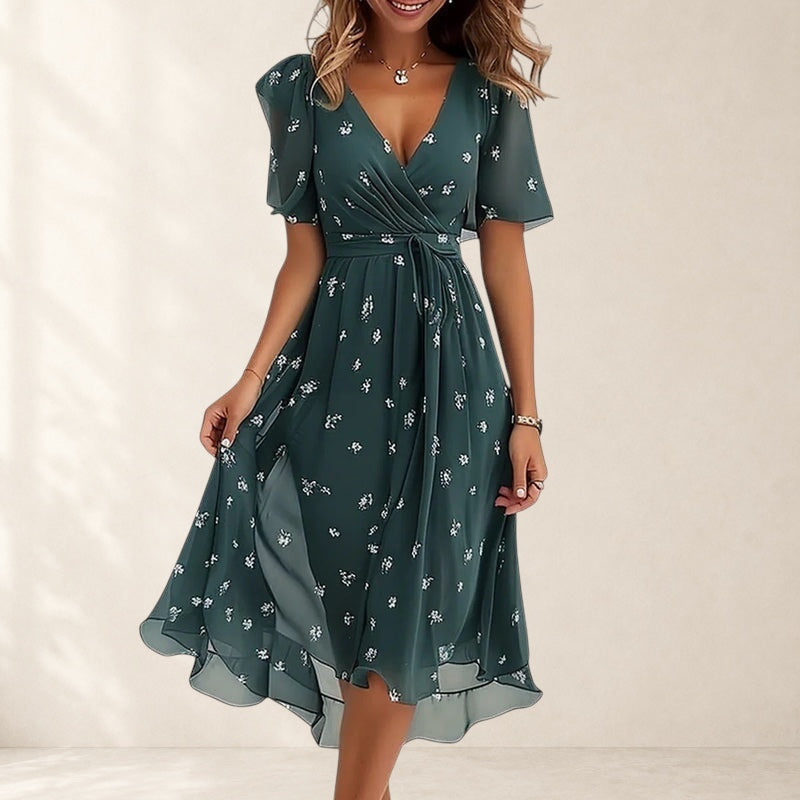 Women's Wrap V Neck Short Sleeve Midi Dress