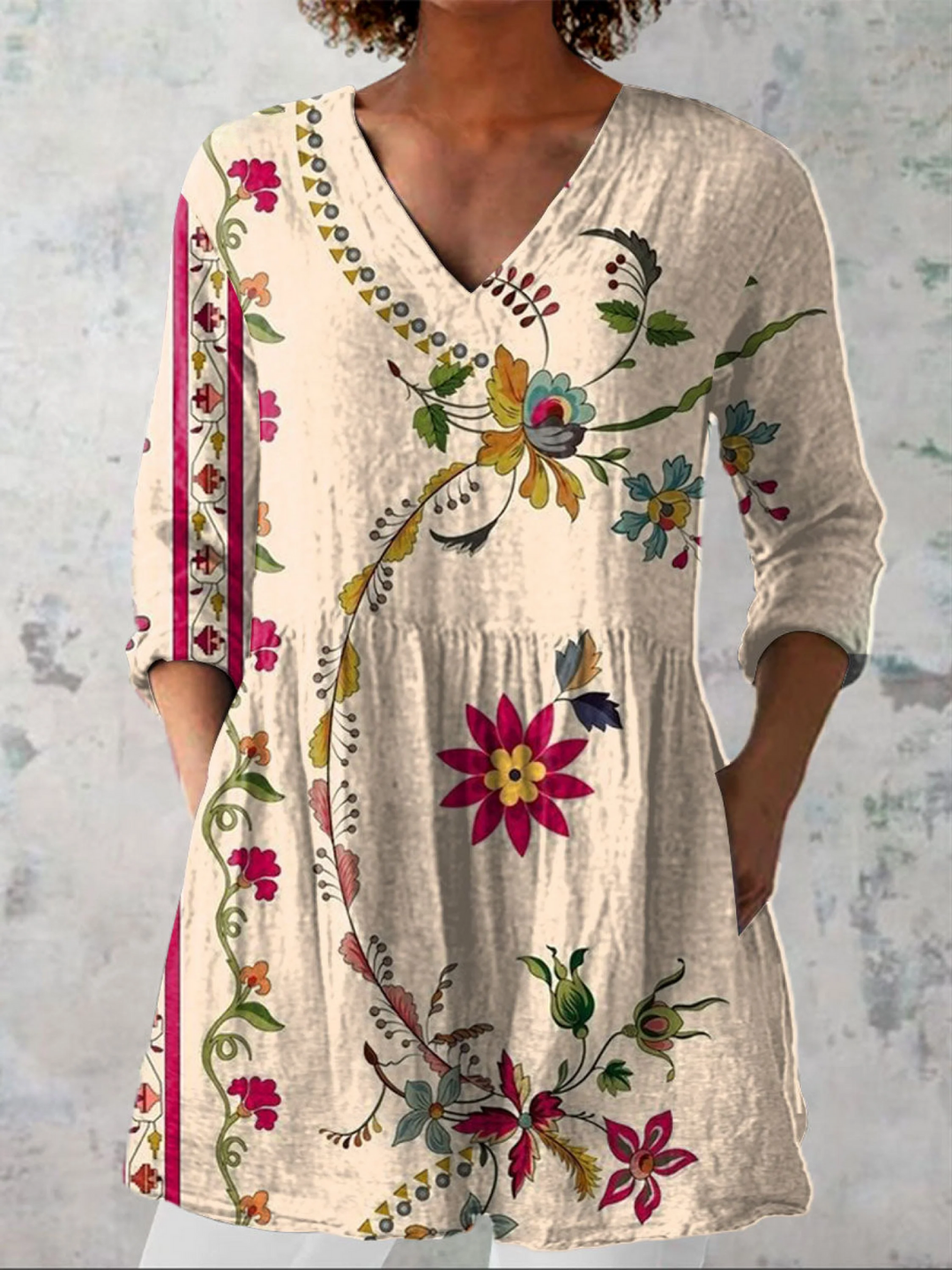 Women's Floral Motif V-Neck Tunic Top