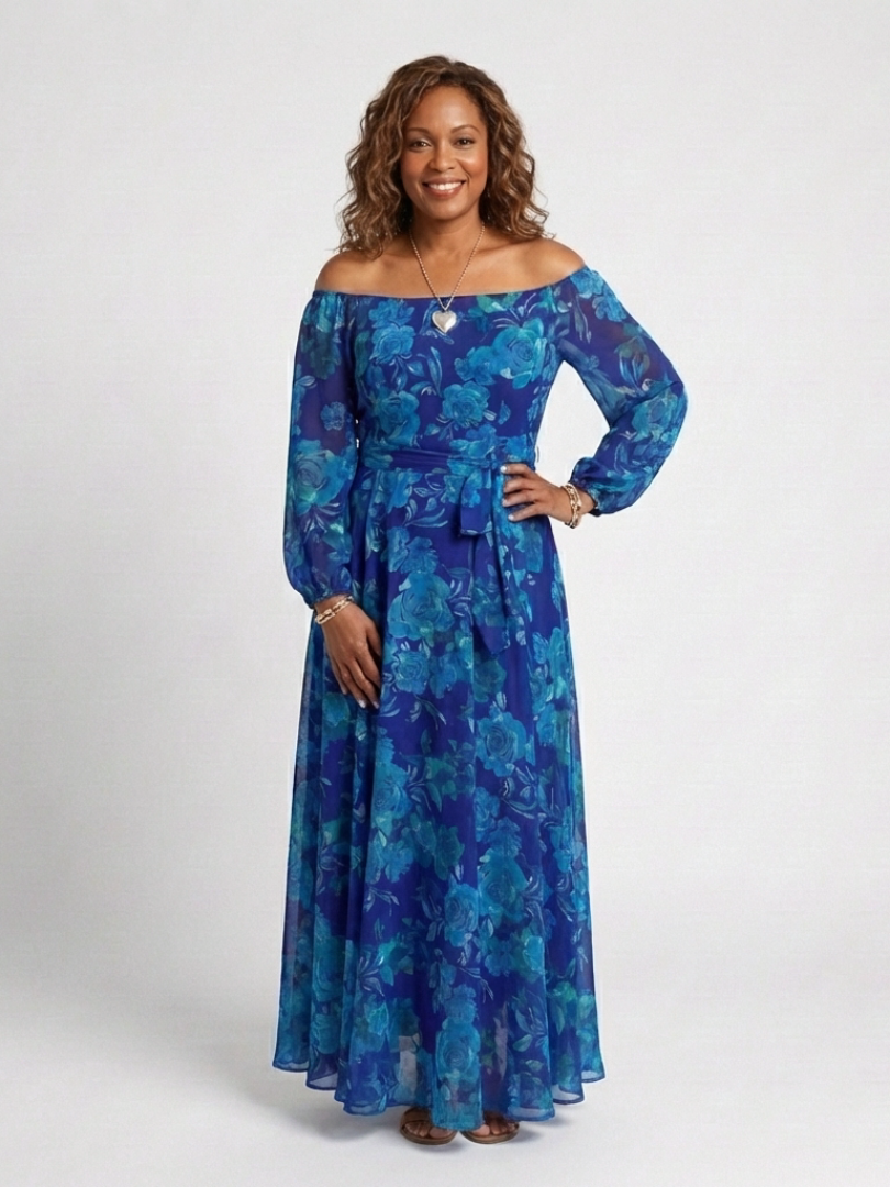 Women's Floral Off Shoulder Gathered Maxi Dress