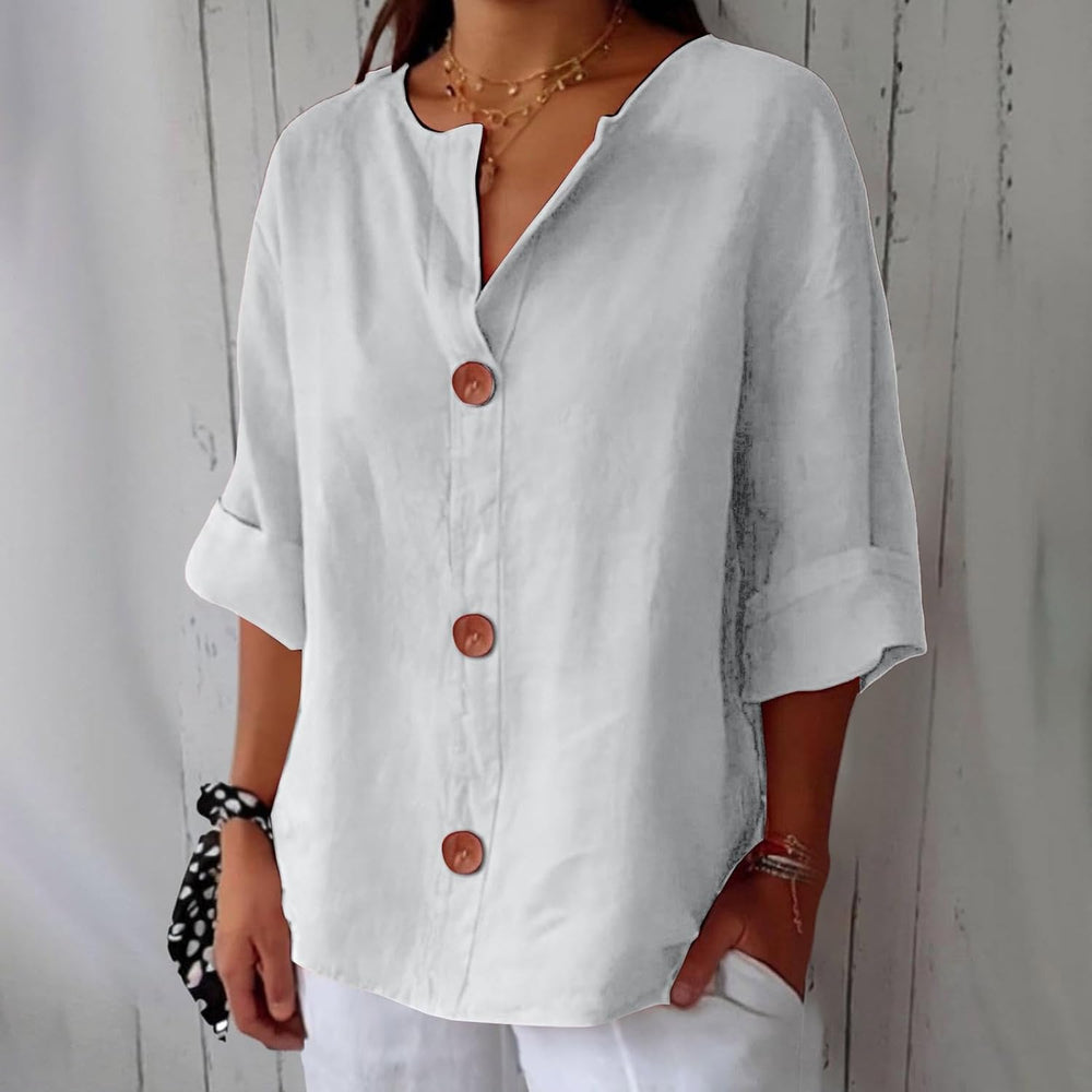 Women's V-Neck Wood Button Blouse