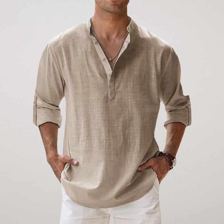 Cotton Henley Shirt with Linen Look