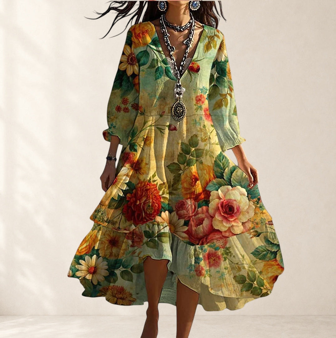 Women's Vintage Floral V Neck Midi Dress