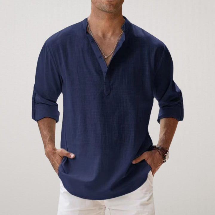 Cotton Henley Shirt with Linen Look