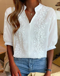 Women's Embroidered Eyelet V Neck Blouse