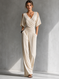 Women's Wrap Front Short Sleeve Wide Leg Jumpsuit