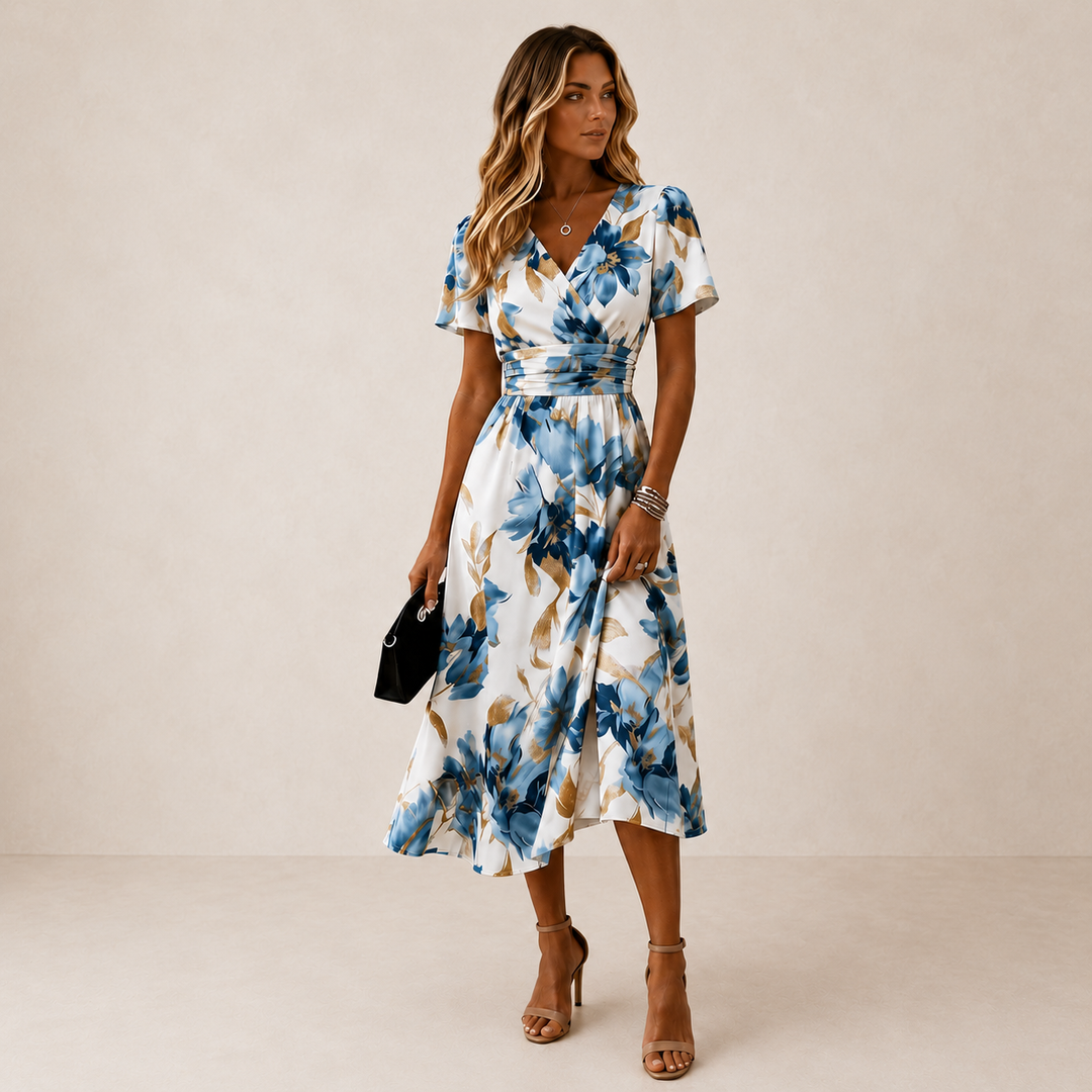 Women's Floral Print V Neck Midi Dress