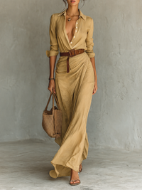 Women's V-Neck Belted A-Line Dress