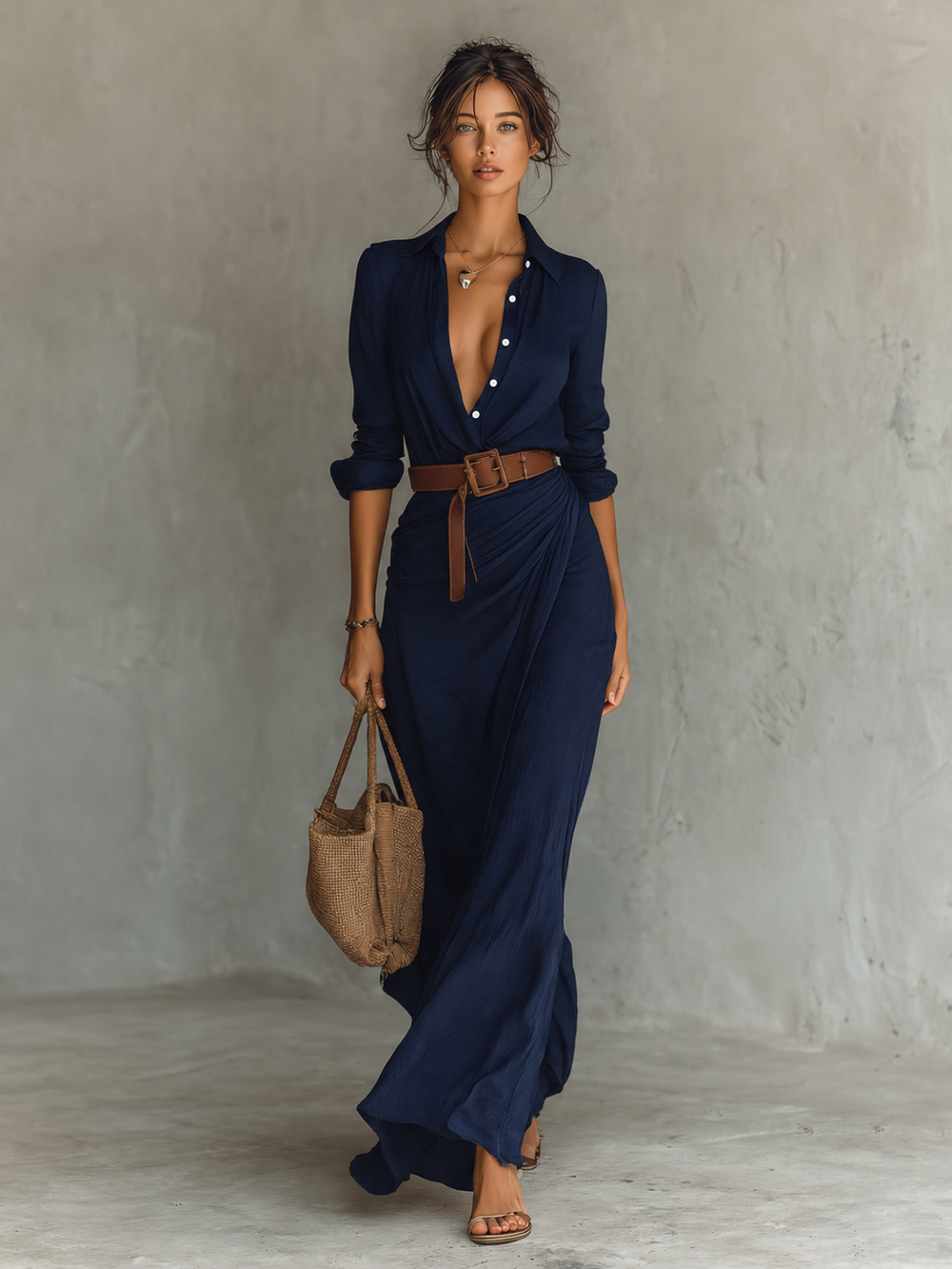 Women's V-Neck Belted A-Line Dress