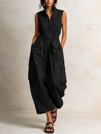Women's Front Zip Stand Collar Utility Cargo Jumpsuit