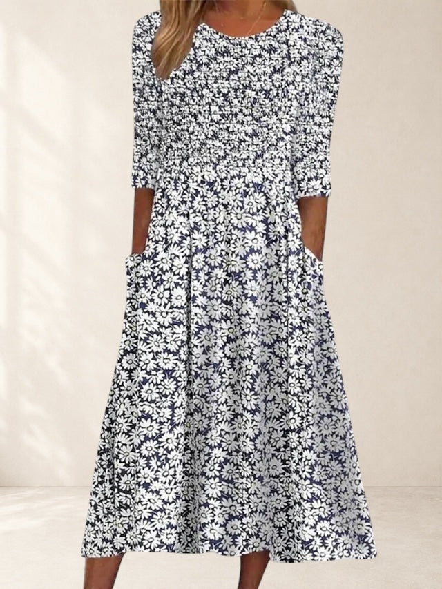 Women's Floral Half Sleeve Midi Dress with Pockets