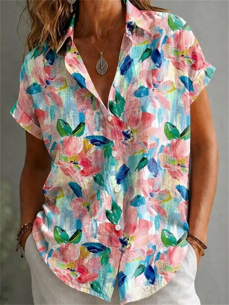 Women's Vibrant Floral Short Sleeve Collared Blouse