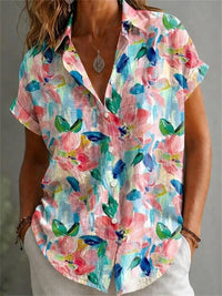 Women's Vibrant Floral Short Sleeve Collared Blouse
