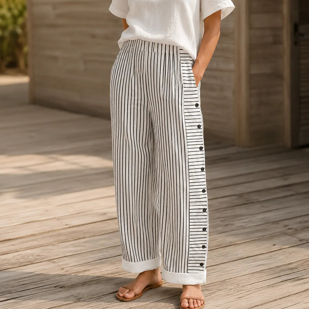 Women's Striped Button Detail Cropped Trousers