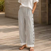 Women's Striped Button Detail Cropped Trousers