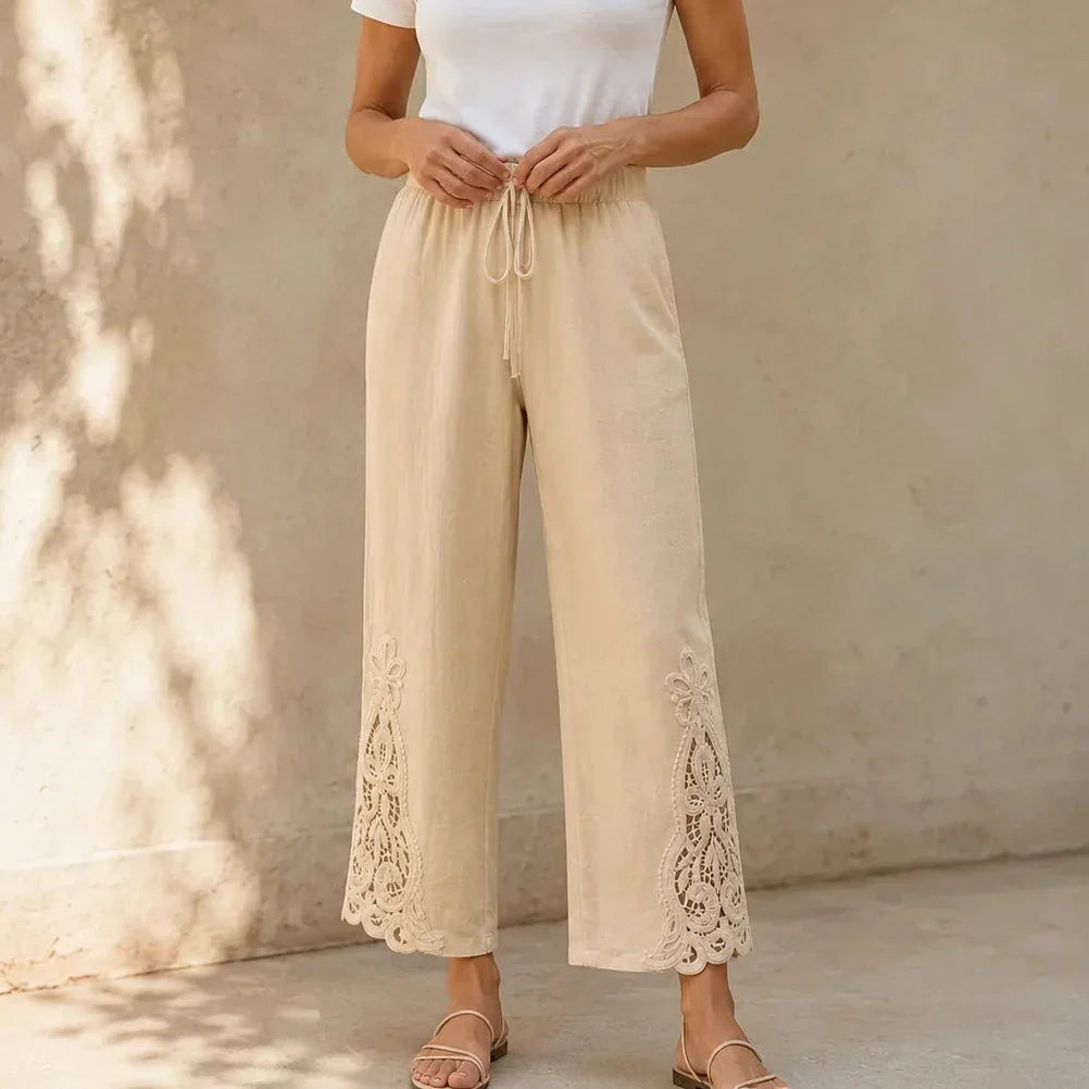 Women's Floral Cutwork Hem Wide Leg Trousers