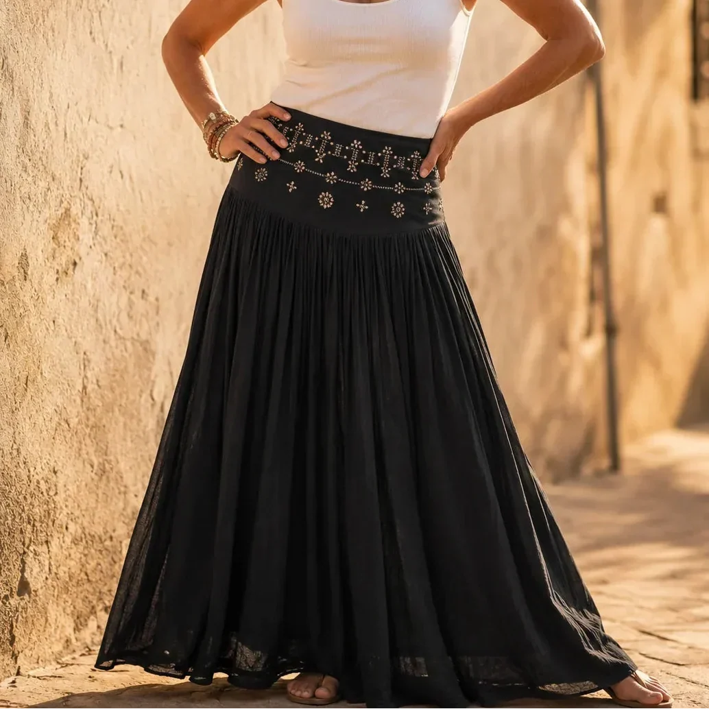 Women's High Waisted Embroidered Waistband Maxi Skirt