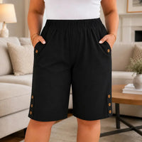 Women's Elastic Waist Buttoned Capri Pants