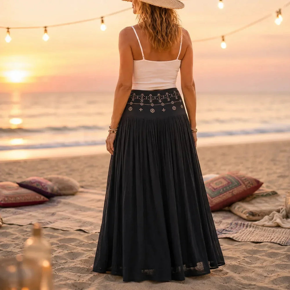 Women's High Waisted Embroidered Waistband Maxi Skirt