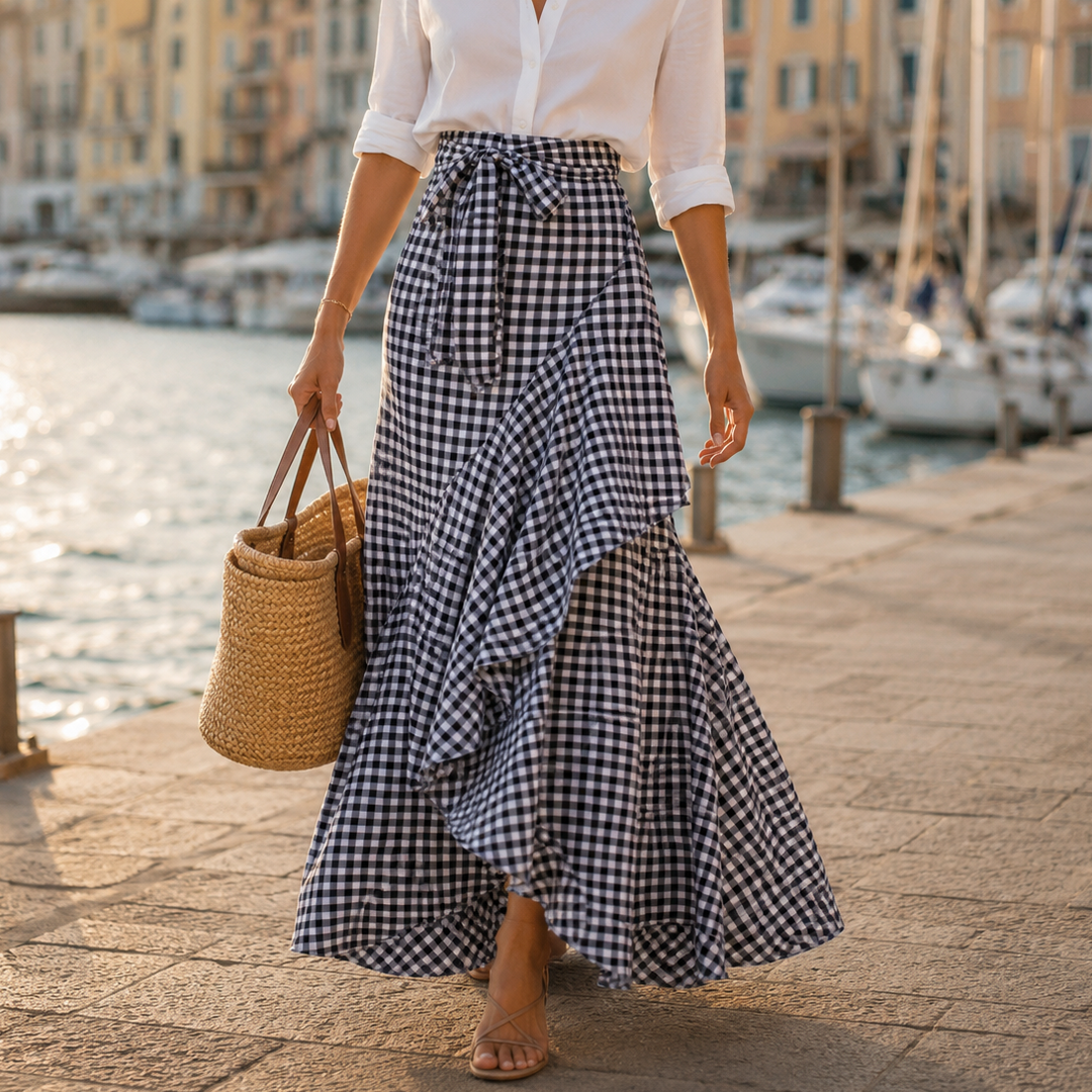Women's Gingham Check Asymmetrical Ruffle Maxi Skirt