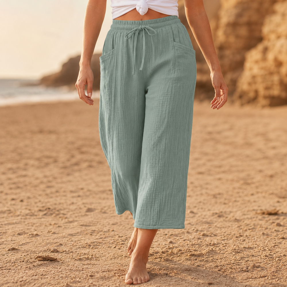Women's Crinkle Textured Wide Leg Cropped Trousers