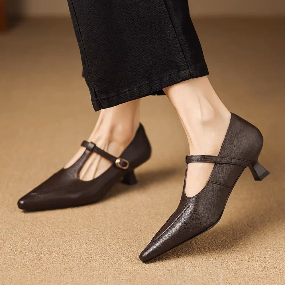 Women's Pointed Toe T Strap Kitten Heels
