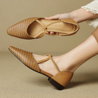 Women's Woven Pointed Toe T Strap Pumps