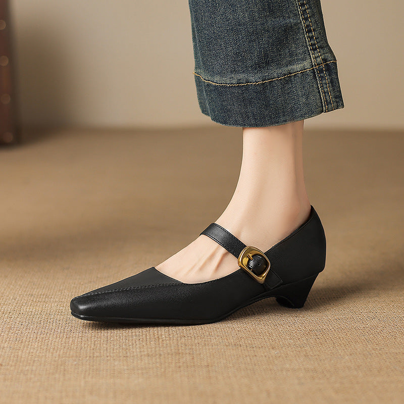 Women's Panelled Stitched Low Block Mary Jane Heels