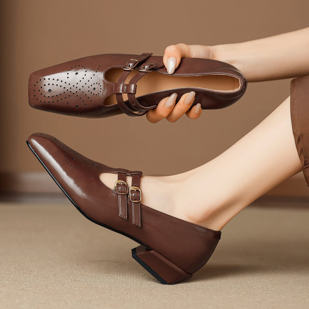 Women's Perforated Dual Strap Mary Jane Pumps