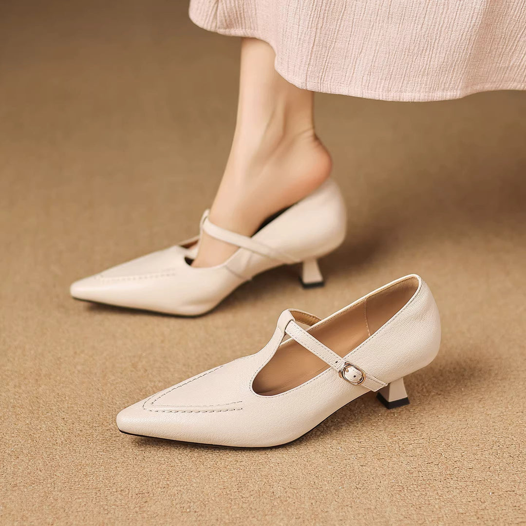 Women's Pointed Toe T Strap Kitten Heels