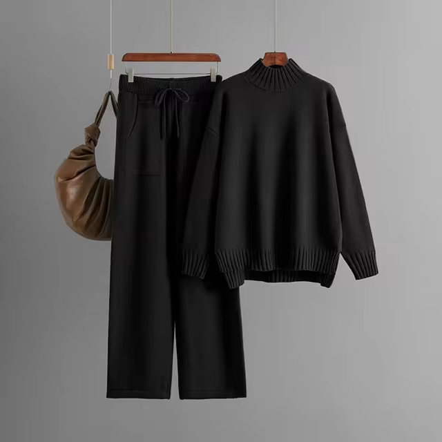 Elegant Long-Sleeve Top &amp; Wide-Leg Pants Set