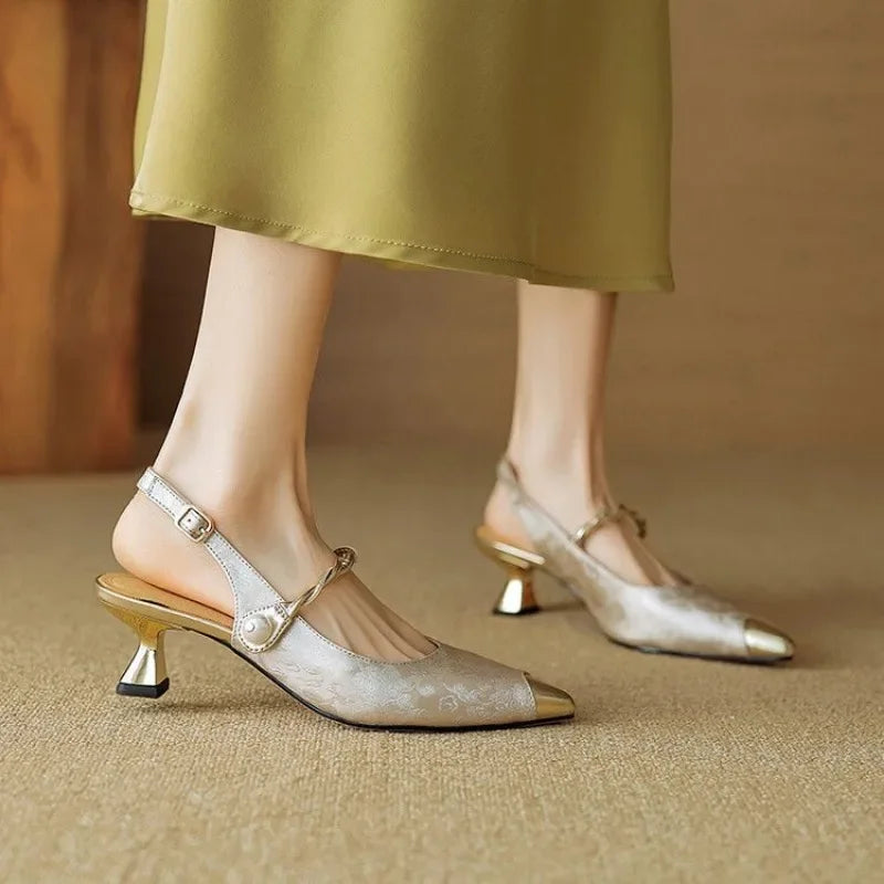 Women's Pointed Toe Pearl Strap Kitten Heels