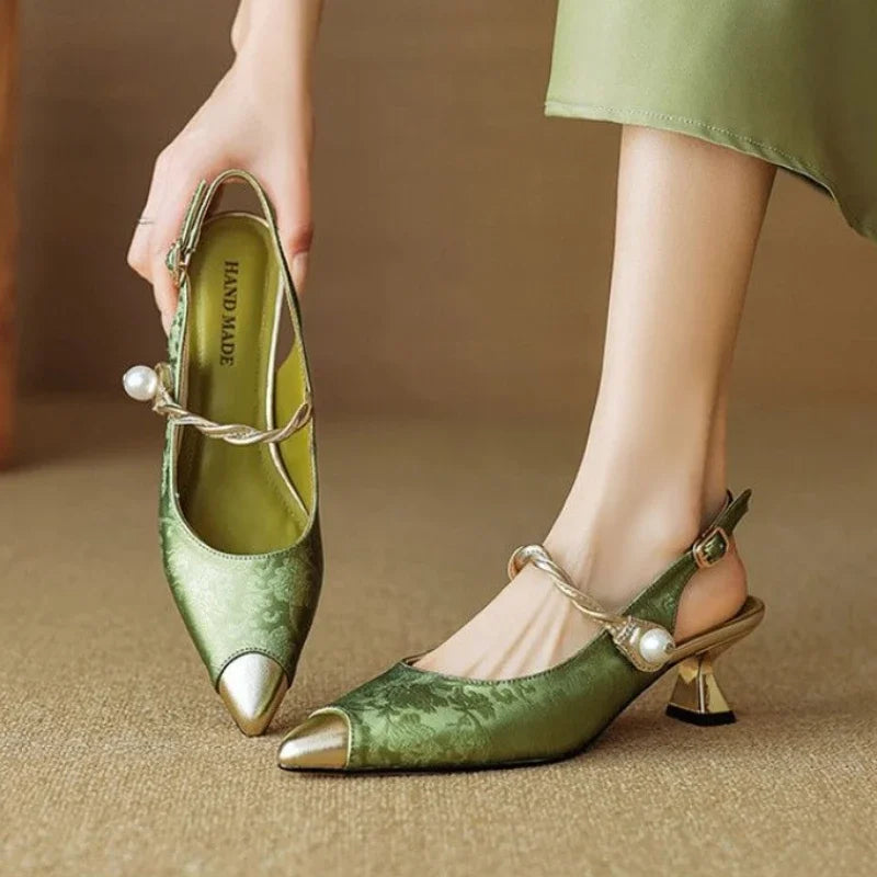 Women's Pointed Toe Pearl Strap Kitten Heels