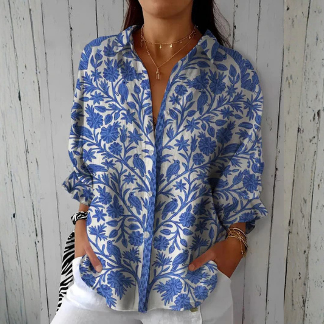 Women's Blue Botanical Print Blouse