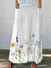 Women's Meadow Watercolour Floral Elastic Waist Pocket Skirt