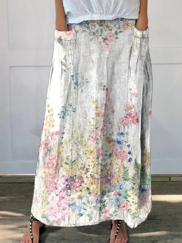 Women's Vintage Botanical Floral Elastic Waist Pocket Skirt